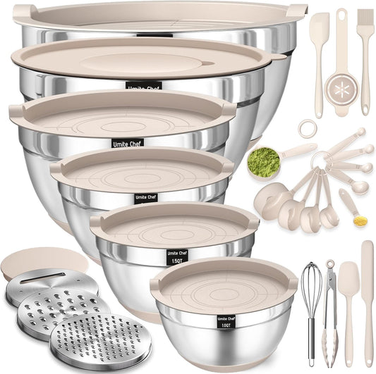 26 Piece Khaki -  Stainless Steel Mixing Bowls Set – Nesting Storage Bowls with Airtight