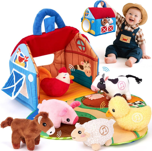 Plush Farm Animal Barn Toy with Realistic Sounds - Montessori Sensory Toys for Babies 6-12 Months