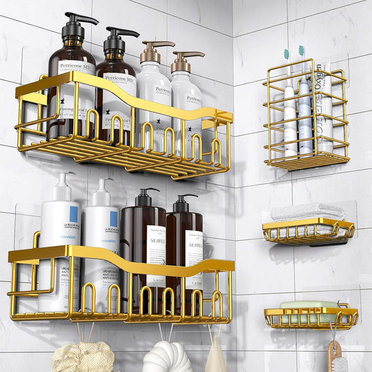 5-Pack Adhesive Shower CaddyRustproof Stainless Steel No-Drill Wall-Mounted Bathroom